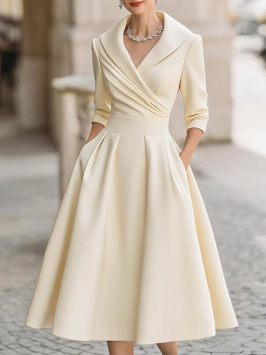 Primavera | Women's Elegant Wide Lapel Midi Dress Detail