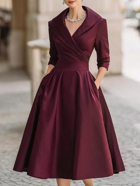 Primavera | Women's Elegant Wide Lapel Midi Dress Front