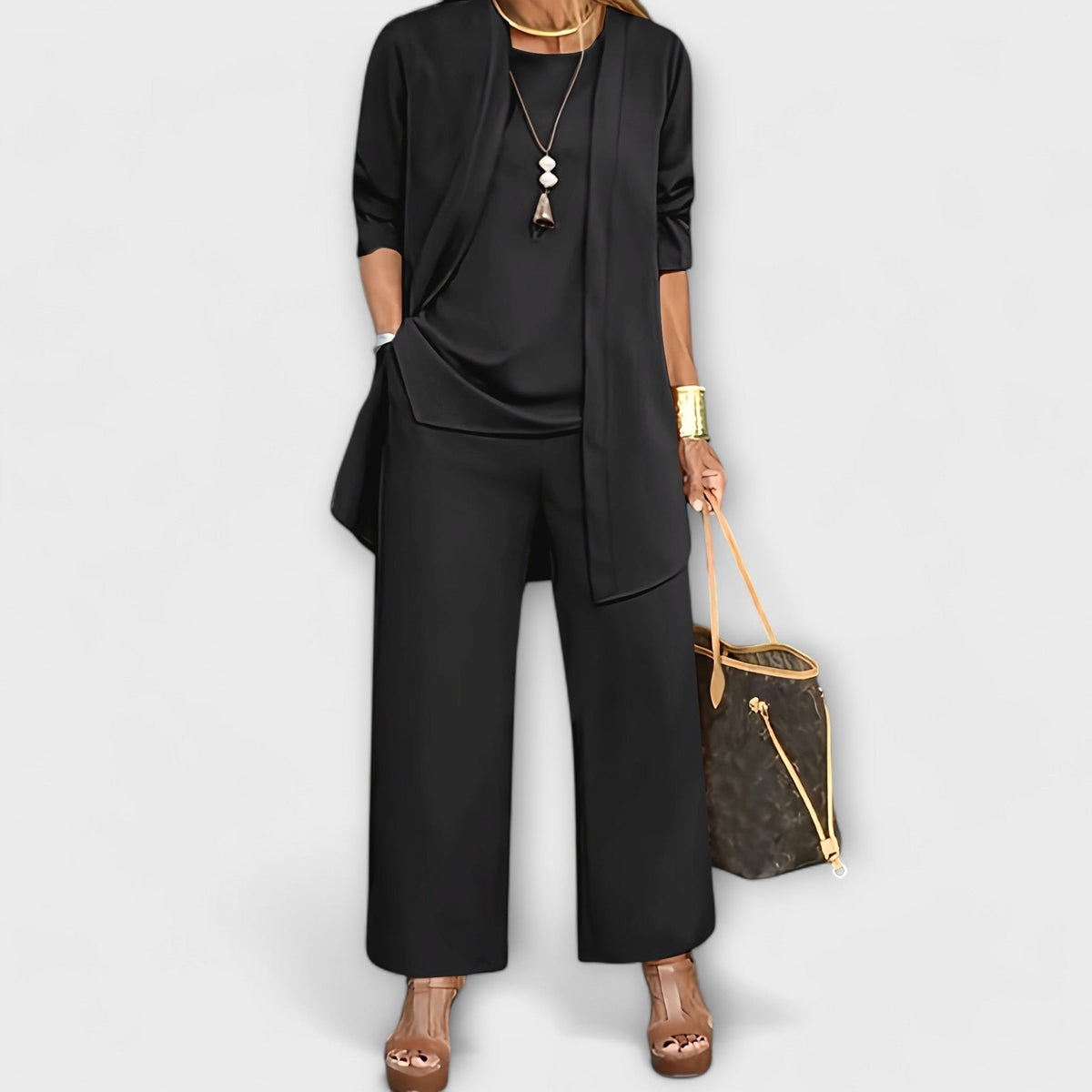 Ravelle | Women's Sophisticated Open-Front Cardigan Three-Piece Set Close Up
