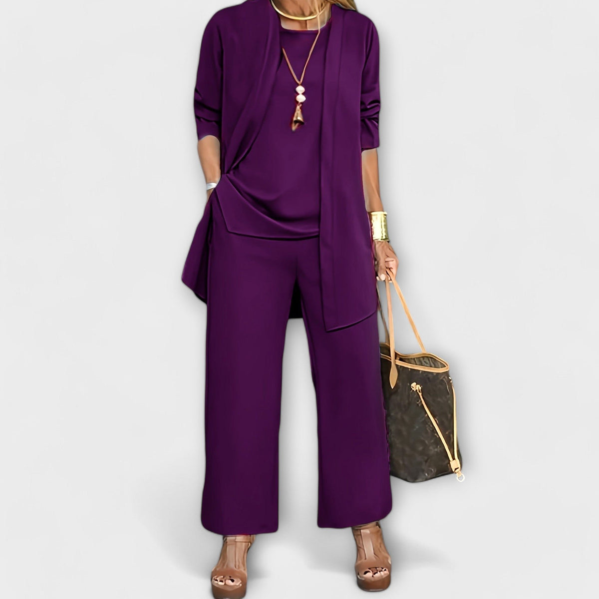Ravelle | Women's Sophisticated Open-Front Cardigan Three-Piece Set Full