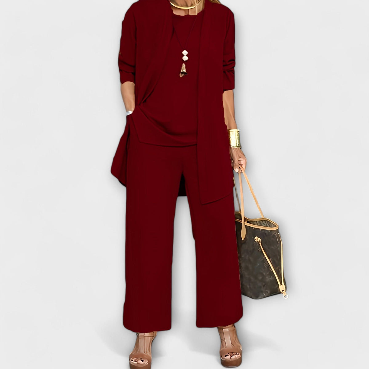 Ravelle | Women's Sophisticated Open-Front Cardigan Three-Piece Set Side