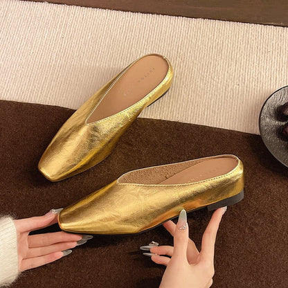 Romy | Women's Square Toe Leather Flats Close Up