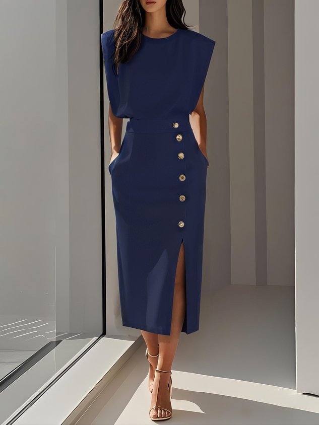 Rosalind | Women's Button Slit Midi Dress Angle