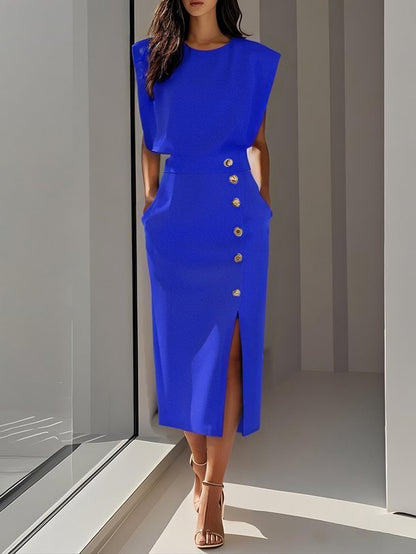 Rosalind | Women's Button Slit Midi Dress Close Up
