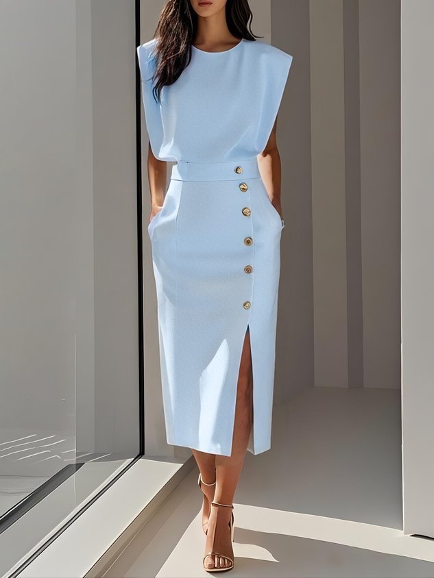 Rosalind | Women's Button Slit Midi Dress Detail