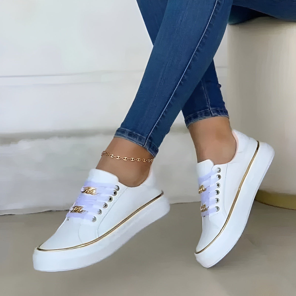 Selara | Women's Stylish Orthopedic Gold Chain Sneakers Side