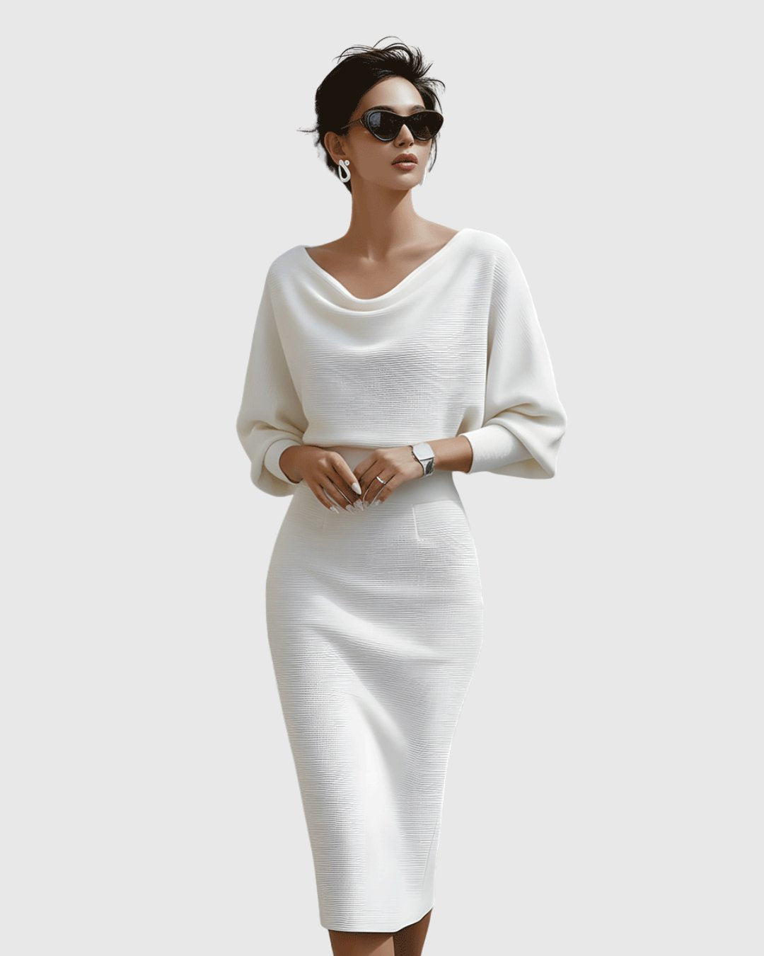 Selene | Women's Draped Batwing Cowl Neck Midi Dress Angle