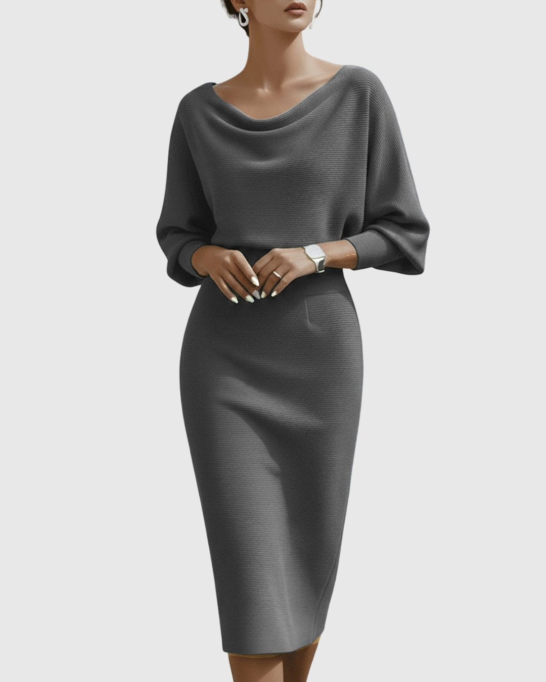 Selene | Women's Draped Batwing Cowl Neck Midi Dress Back