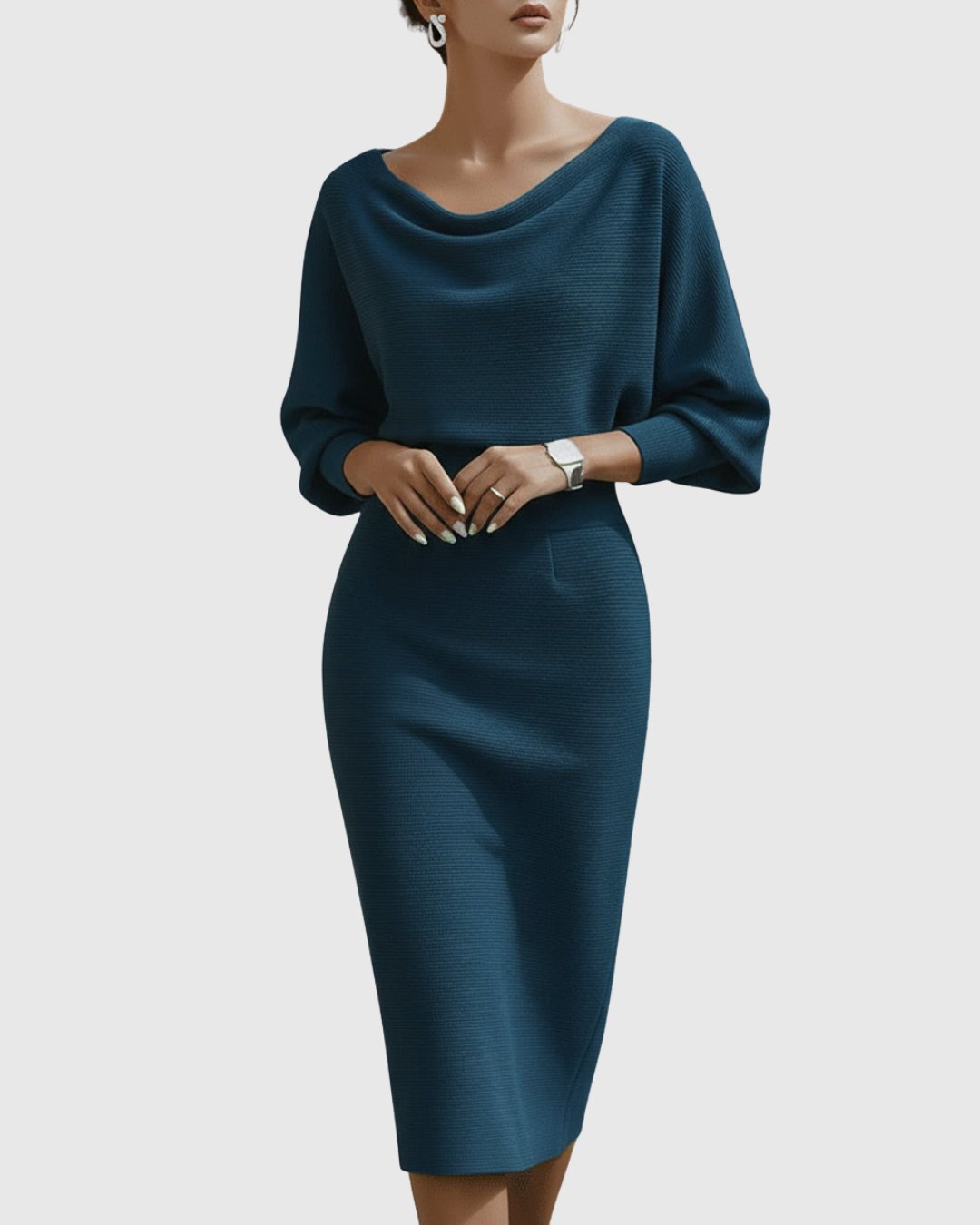 Selene | Women's Draped Batwing Cowl Neck Midi Dress Close Up