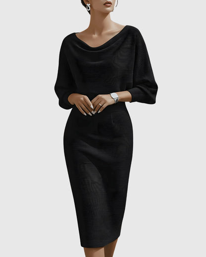 Selene | Women's Draped Batwing Cowl Neck Midi Dress Detail