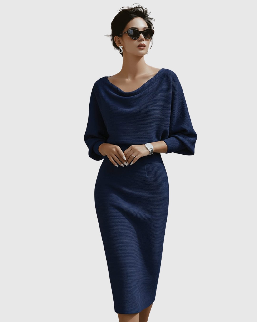Selene | Women's Draped Batwing Cowl Neck Midi Dress Hero