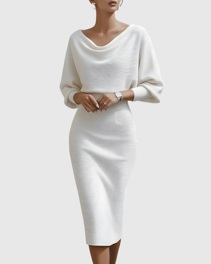Selene | Women's Draped Batwing Cowl Neck Midi Dress Lifestyle