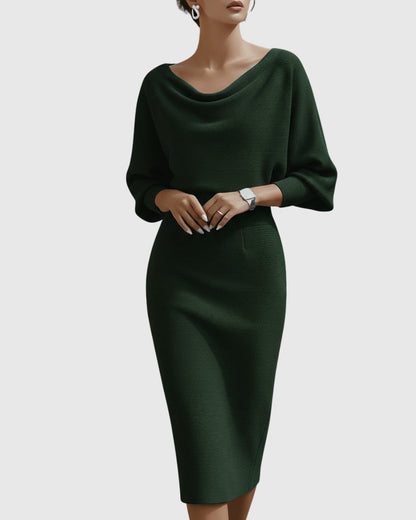 Selene | Women's Draped Batwing Cowl Neck Midi Dress Side