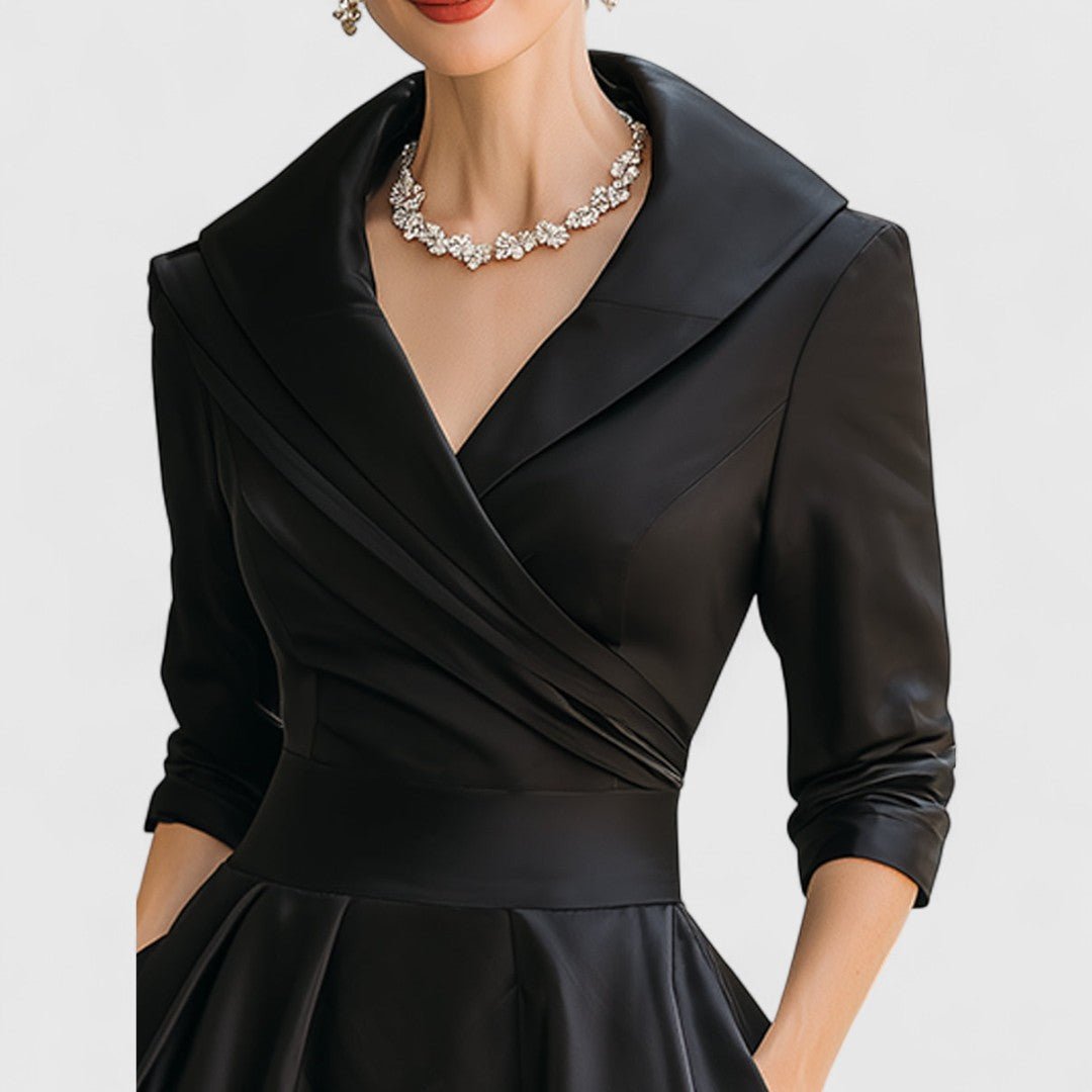 Selene | Women's Elegant Midi Dress Wrap V-Neckline Close Up