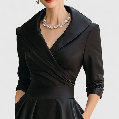 Selene | Women's Elegant Midi Dress Wrap V-Neckline Close Up