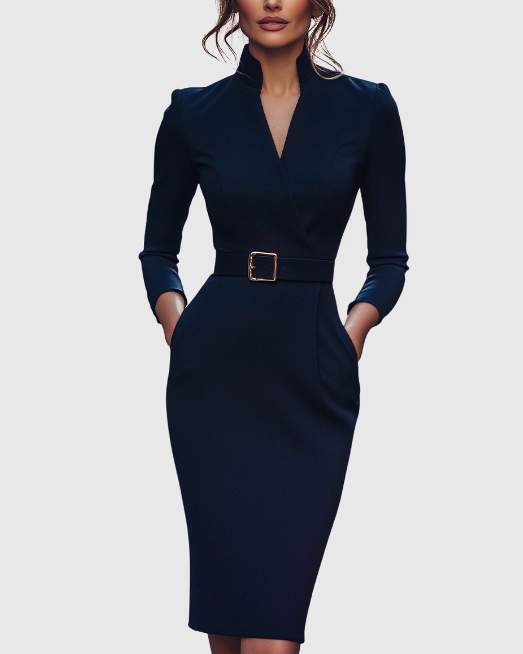 Serafine | Women's Refined Midi Dress Gold Buckle Belt Angle