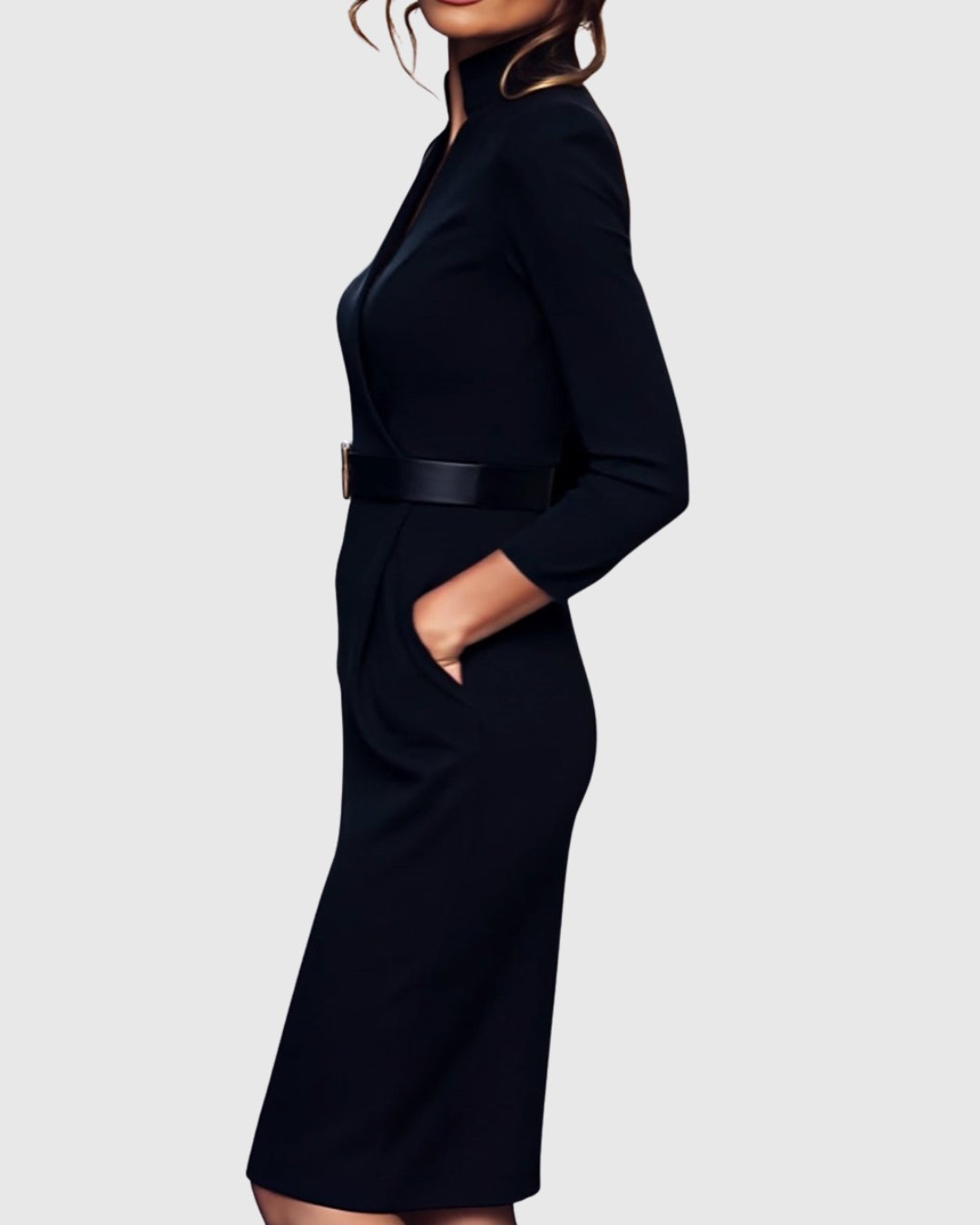 Serafine | Women's Refined Midi Dress Gold Buckle Belt Back