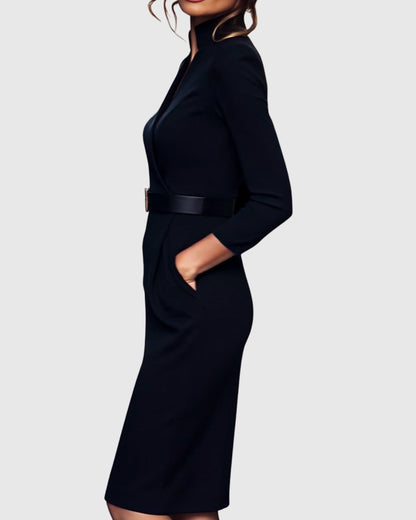 Serafine | Women's Refined Midi Dress Gold Buckle Belt Back