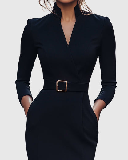 Serafine | Women's Refined Midi Dress Gold Buckle Belt Detail