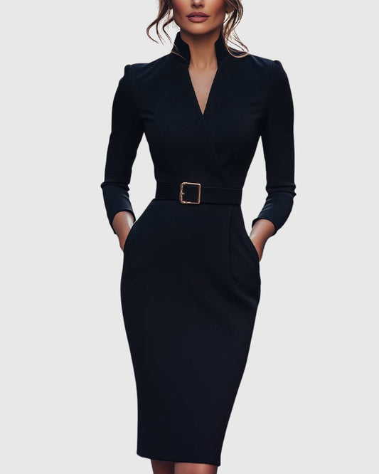 Serafine | Women's Refined Midi Dress Gold Buckle Belt Front