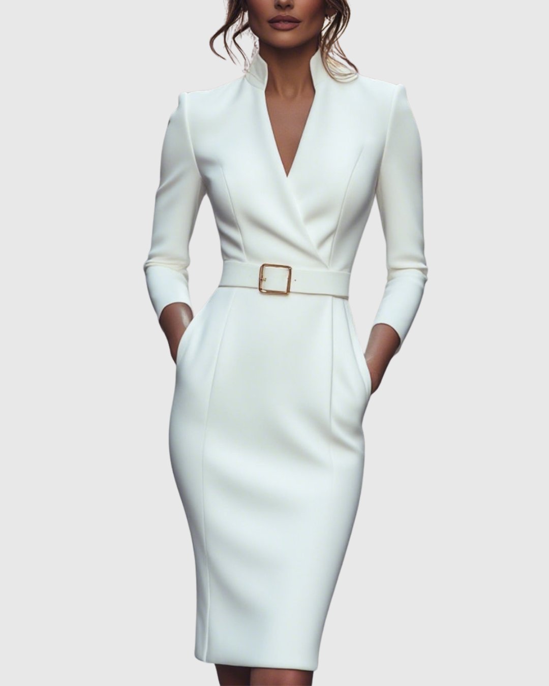 Serafine | Women's Refined Midi Dress Gold Buckle Belt Full