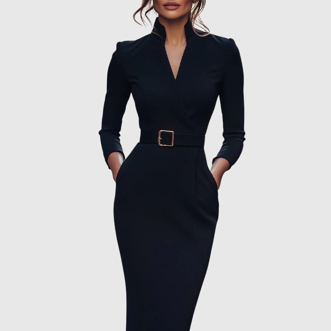Serafine | Women's Refined Midi Dress Gold Buckle Belt Hero