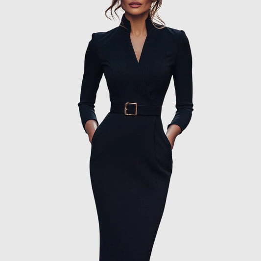 Serafine | Women's Refined Midi Dress Gold Buckle Belt Hero