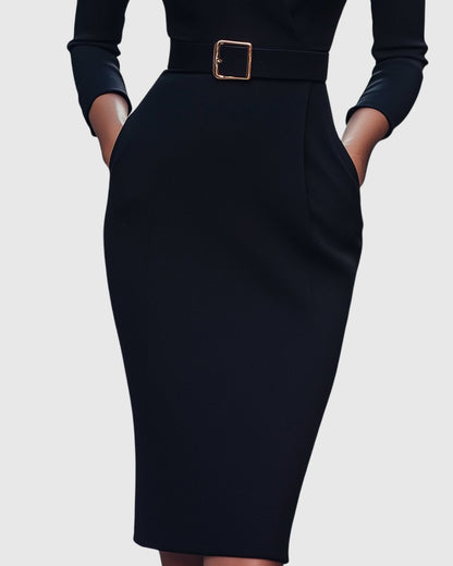 Serafine | Women's Refined Midi Dress Gold Buckle Belt Side
