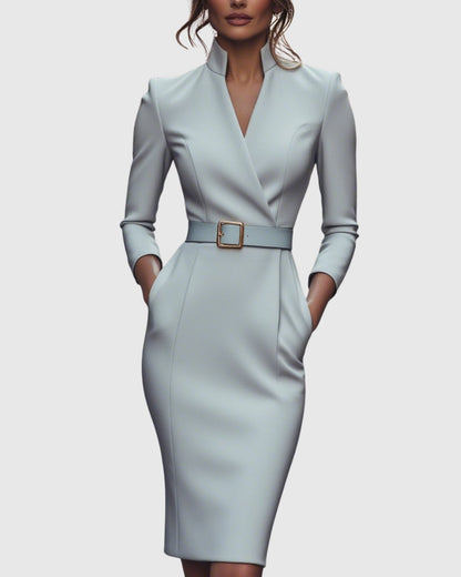 Serafine | Women's Refined Midi Dress Gold Buckle Belt View 11