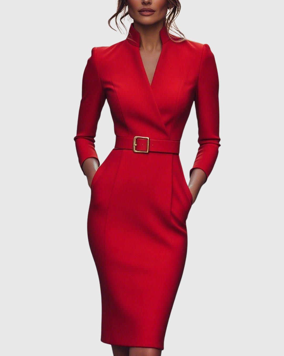 Serafine | Women's Refined Midi Dress Gold Buckle Belt View 12