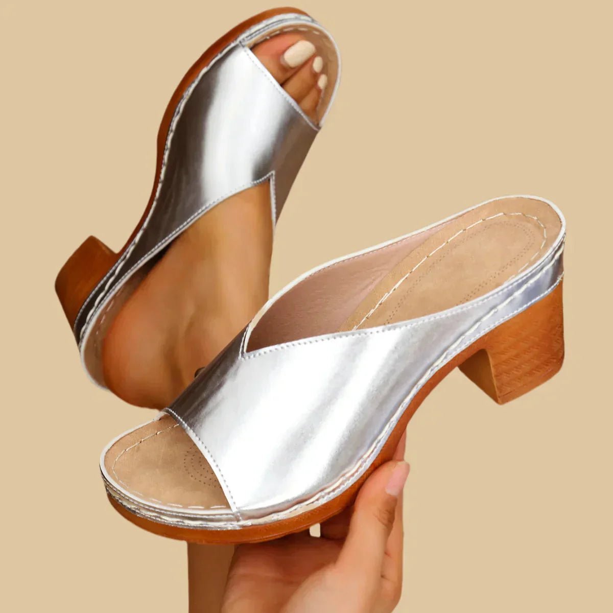 Seralinn | Women's Metallic Thick Heel Orthopedic Sandals Front