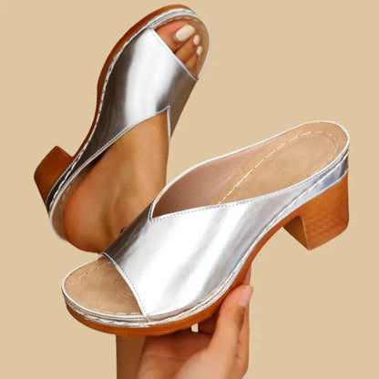 Seralinn | Women's Metallic Thick Heel Orthopedic Sandals Front