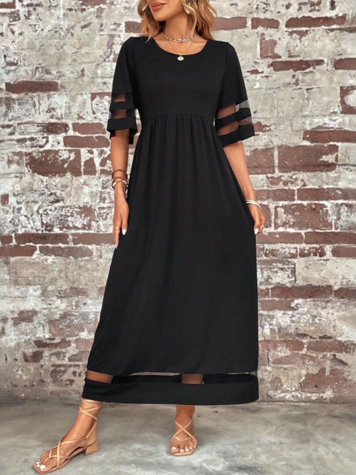 Seraphine | Women's Mesh Sleeve Tummy Flattering Maxi Dress Close Up