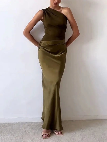 Serenity | Women's Elegant One Shoulder Pleated Maxi Dress Angle