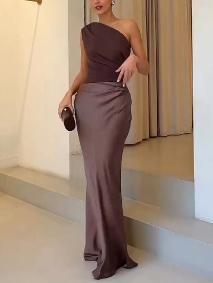 Serenity | Women's Elegant One Shoulder Pleated Maxi Dress Close Up