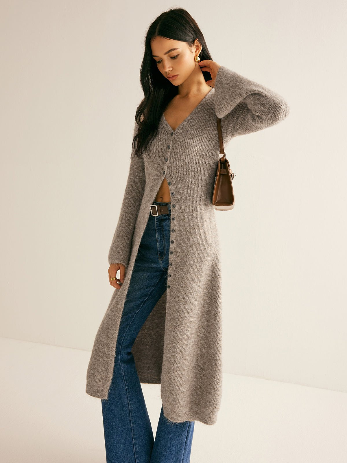 Stacking V-Neck Split Breasted Sweater Dress Close Up
