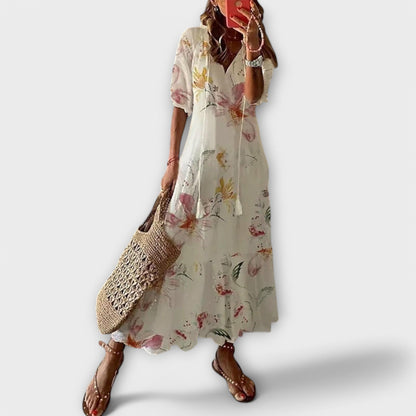 Talise | Women's Elegant Maxi Dress Tassel Tie Neckline Back