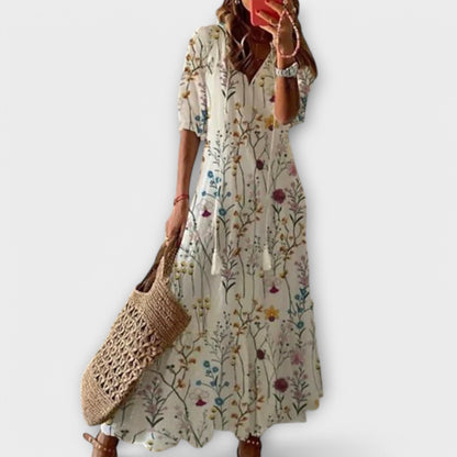 Talise | Women's Elegant Maxi Dress Tassel Tie Neckline Close Up