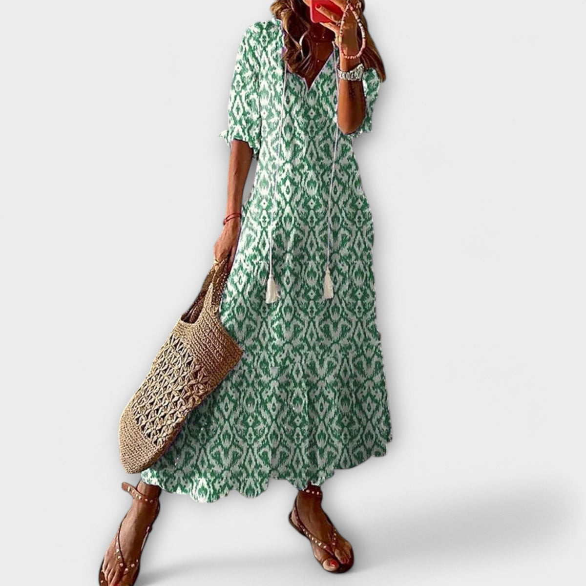 Talise | Women's Elegant Maxi Dress Tassel Tie Neckline Front