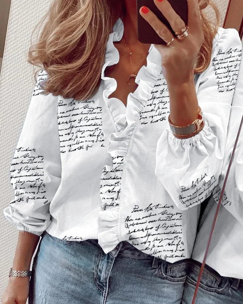 Thessalina | Women's Ruffle Neckline Playful Blouse Close Up