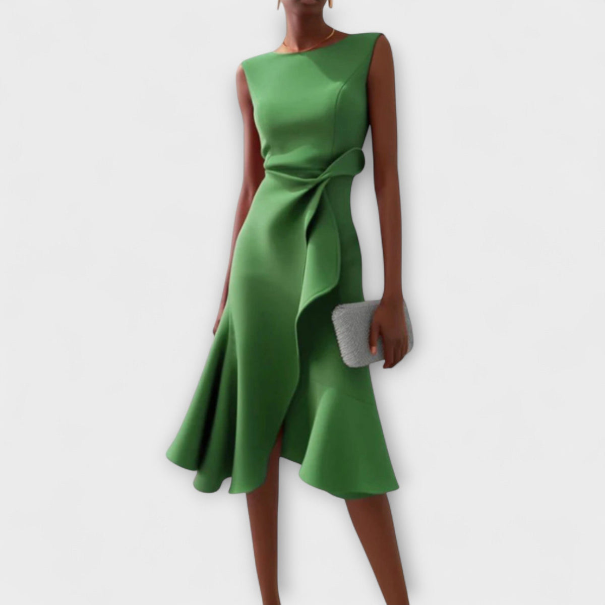 Veridiana | Women's Draped Asymmetric Midi Dress Close Up