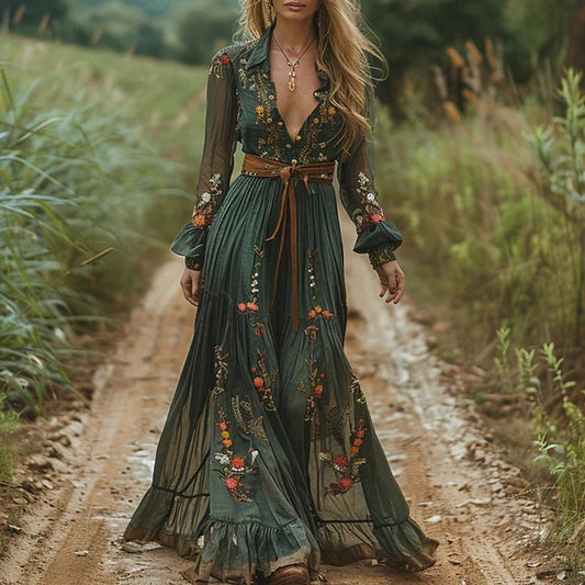 Violetta | Women's Bohemian Floral Embroidered Maxi Dress Hero
