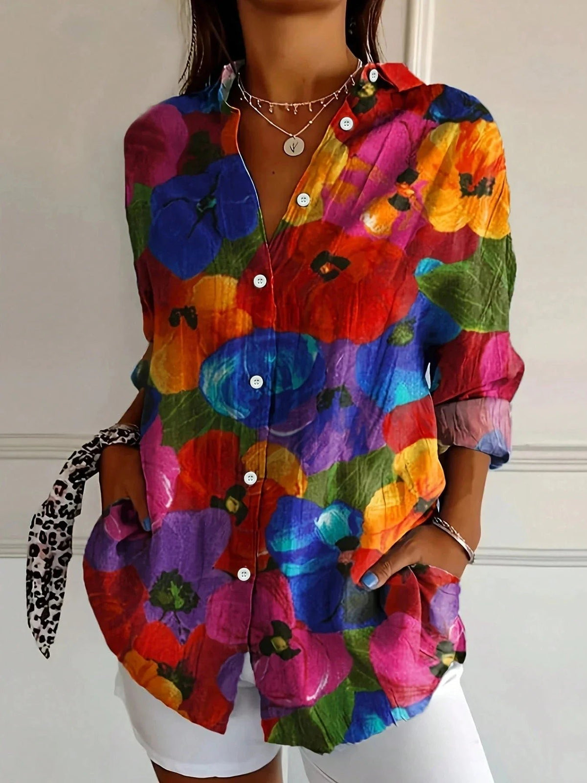 Vivienne | Women's Playful Print Watercolor Blouse Close Up