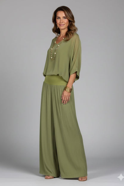 Wivaine | Women's Chiffon Batwing Wide-Leg Set Side