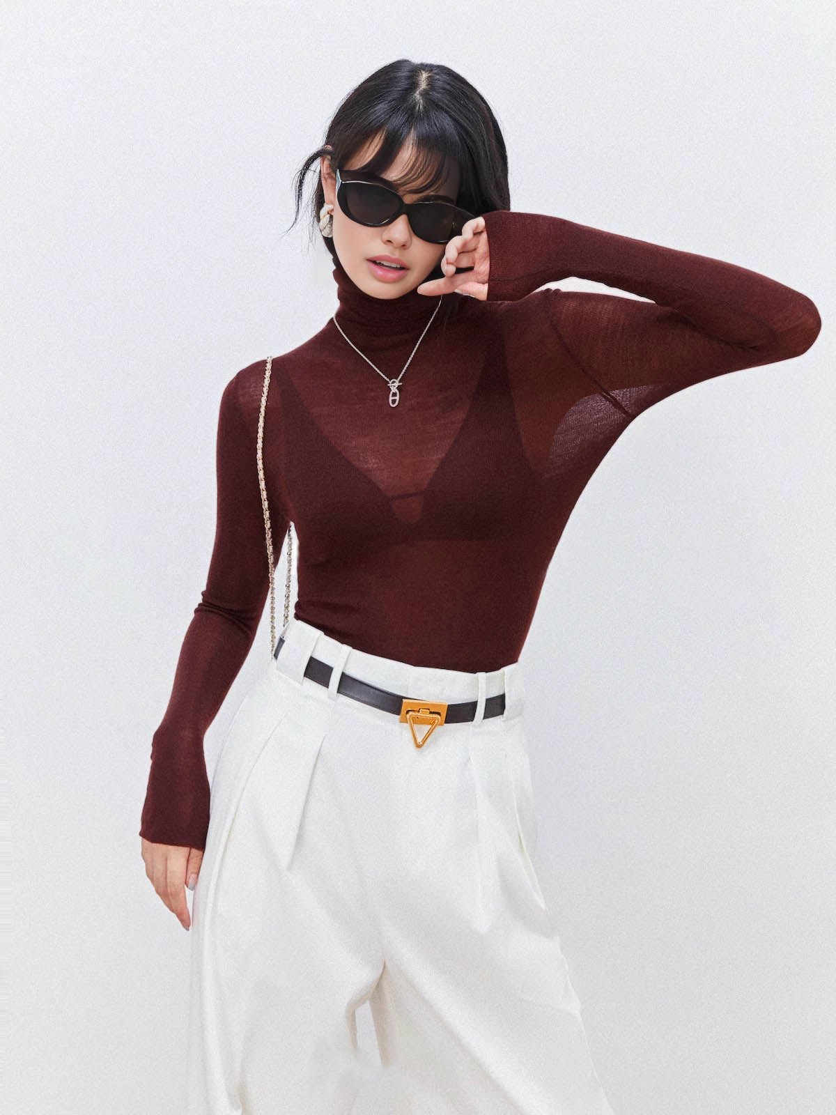 Wool-Blend Turtleneck Sheer Sweater Angle