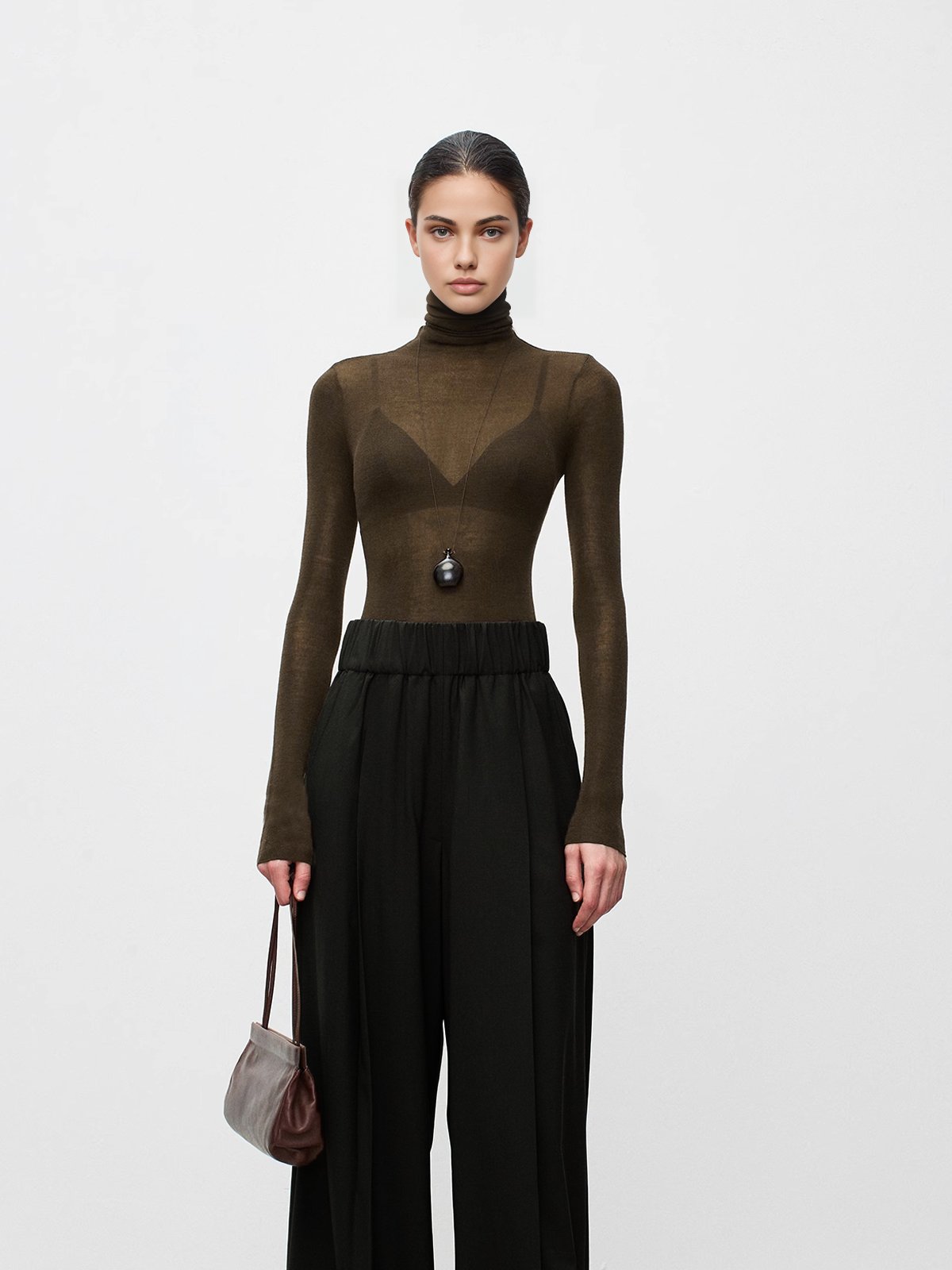 Wool-Blend Turtleneck Sheer Sweater Back