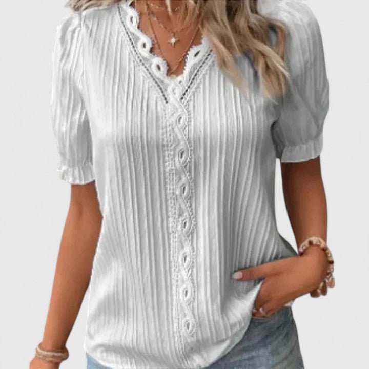 Wrenelle | Women's Elegant V-Neck Short Sleeve Blouse Close Up