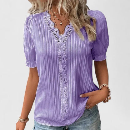 Wrenelle | Women's Elegant V-Neck Short Sleeve Blouse Detail
