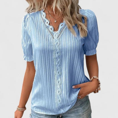 Wrenelle | Women's Elegant V-Neck Short Sleeve Blouse Lifestyle